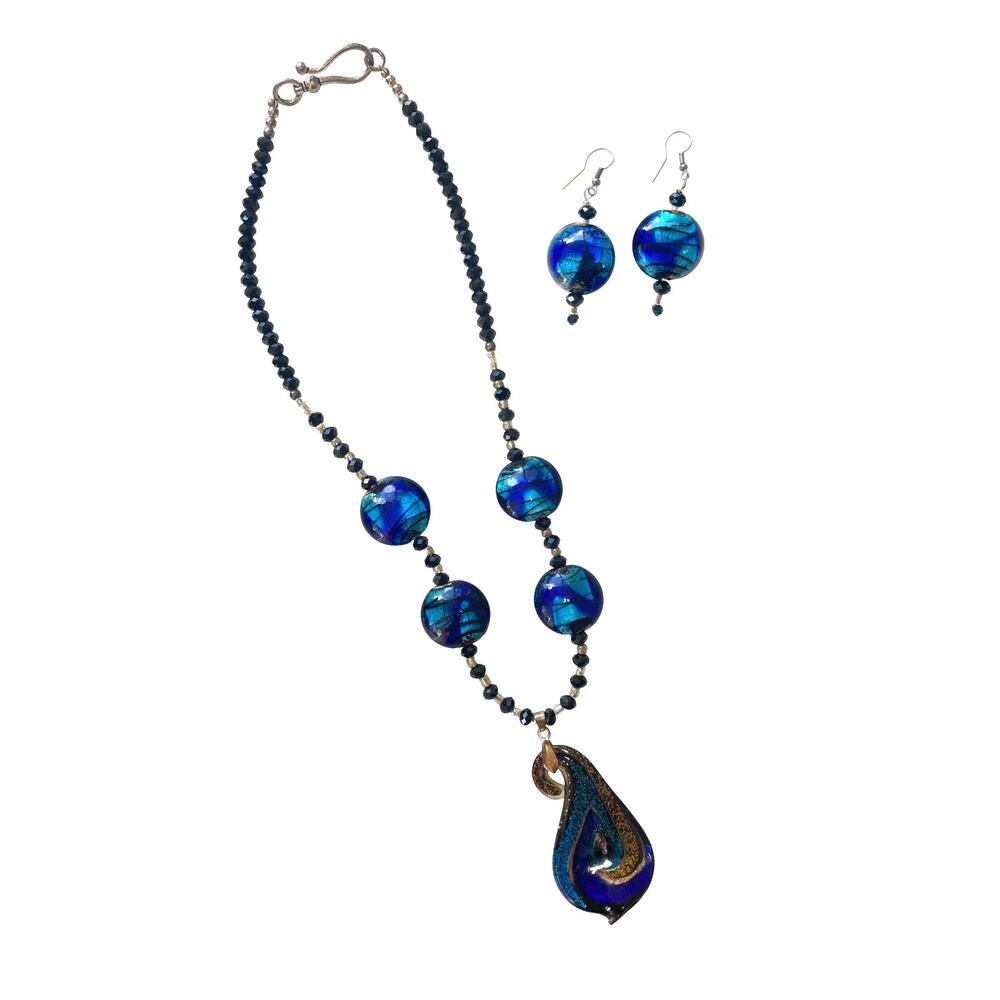 Artisan Handcrafted Art Glass Blue Gold Beaded Necklace Pendant Earring Set